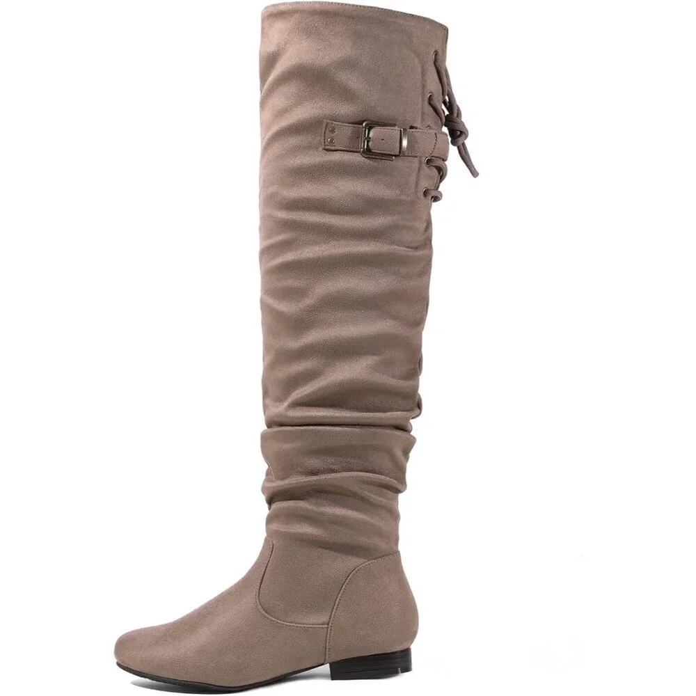 Women's Khaki Suede Over The Knee Thigh High Comfortable Low Heel Winter Boots